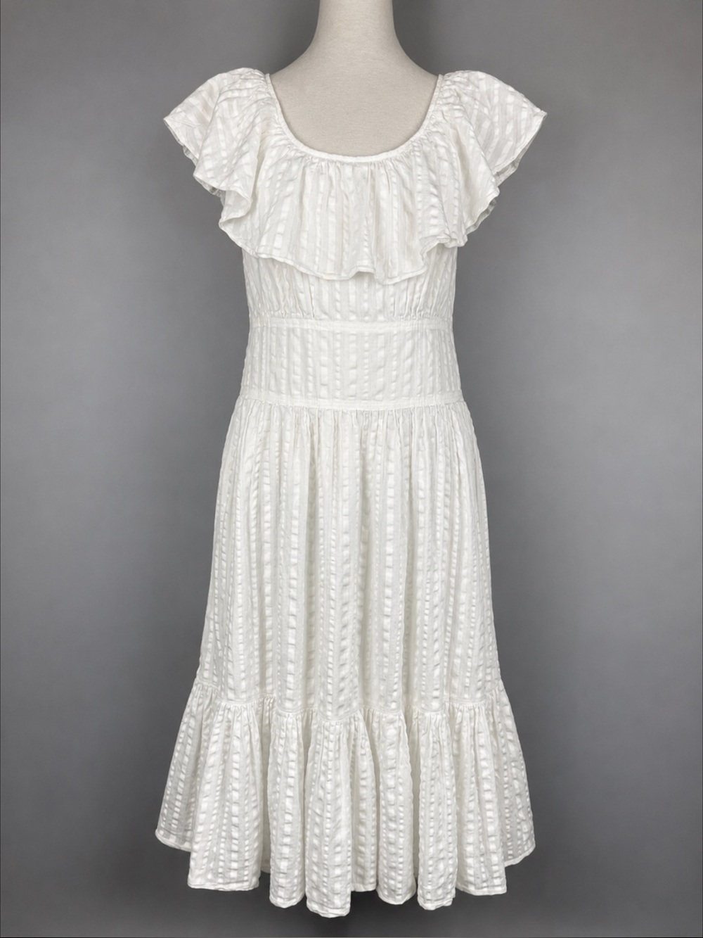 Tory Burch White Textured Cotton Midi Dress Sz 8 Ruffle Neckline Side Zip Lined